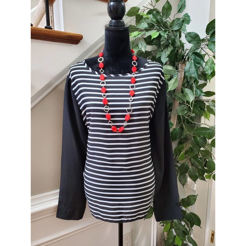 Old Navy Women Black & White Polyester Round Neck Long Sleeve Top Blouse Size XL
